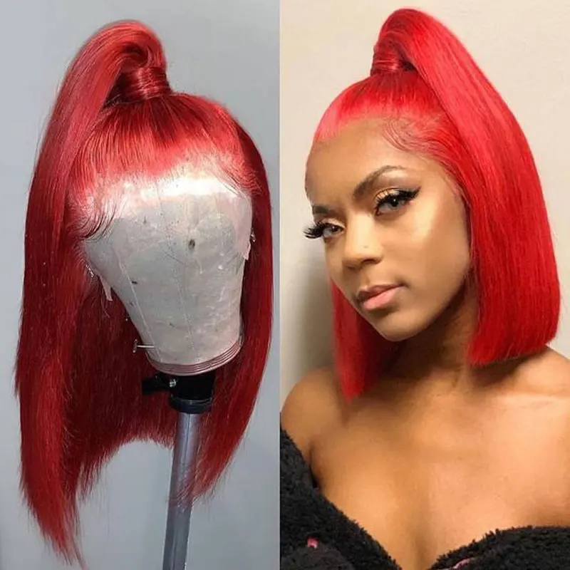 

Fire Red Short Straight Bob Synthetic 13X4 Lace Front Wigs Glueless Heat Resistant Fiber Hair Middle Parting For Black Women Wig