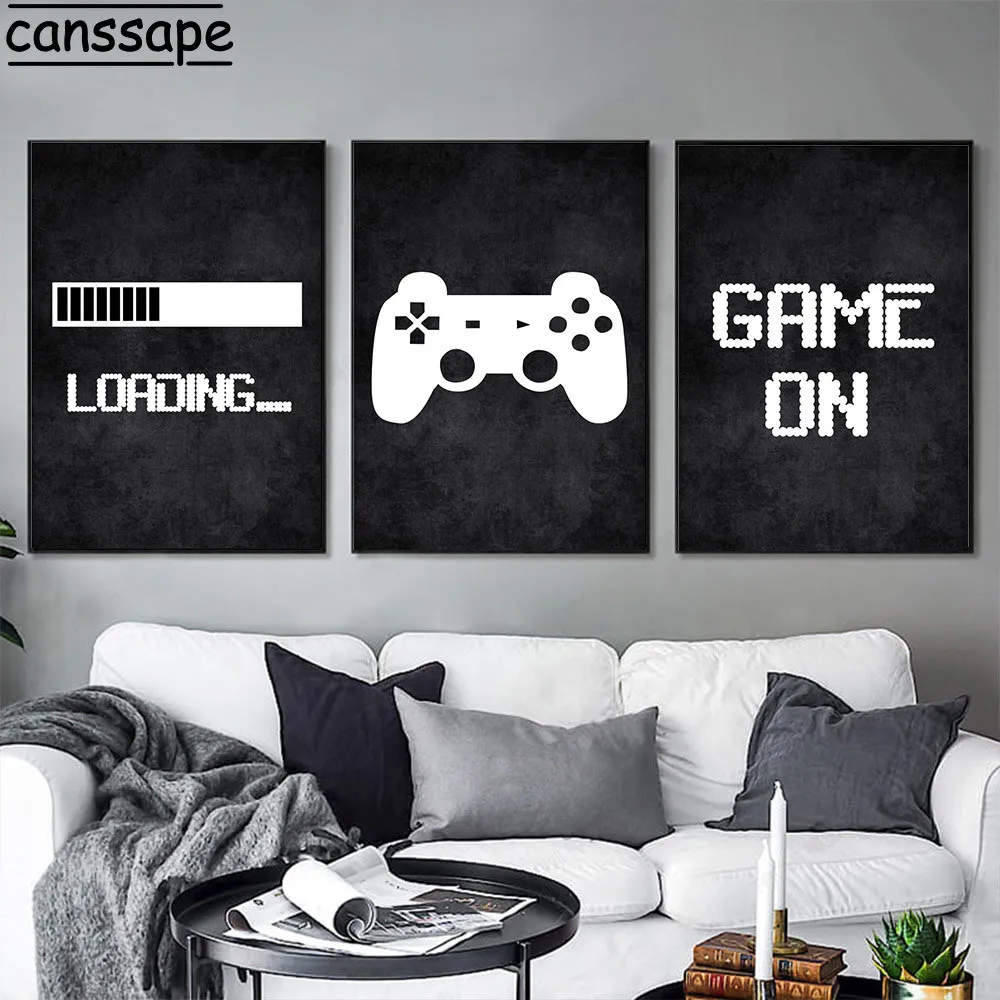 

Game Loading Quote Art Print Gamepad Canvas Painting Gamer Poster Black and White Posters Nordic Wall Pictures Playroom Decor