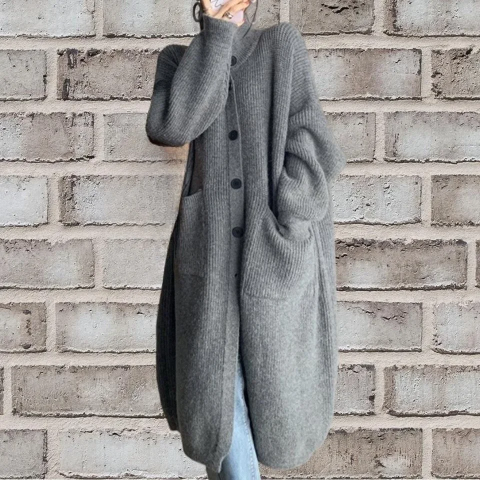

Женское длинное трикотажное пальто, элегантный кардиган-макси серого цвета, Модная белая верхняя одежда в Корейском стиле на осень и зиму