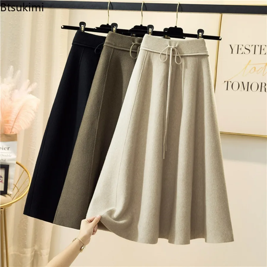 

2024 Women's Knitted Midi Skirts High Waist Pleated A Line Skirt Korean Elegant Autumn Winter Lace Up Bandage Slim Skirt Female