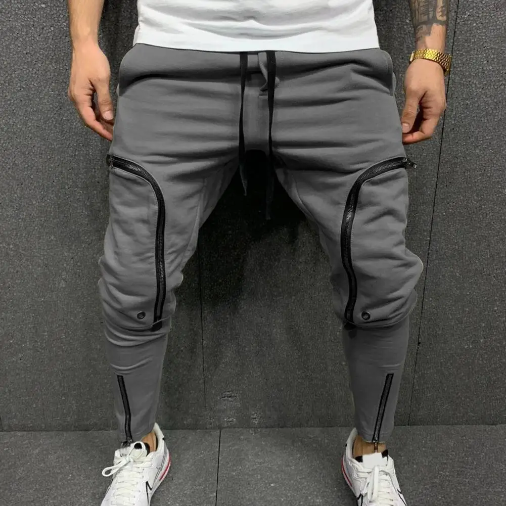 

Men Pants Jogger Solid Color Drawstring Casual Multi Zippers Pockets Trousers Casual Sporty Sweatpants Elastic Waist Pants