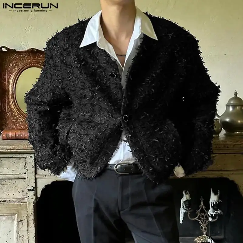 

Korean Style Fashion Men's Fluffy Fabric Cropped Blazers Casual Streetwear Solid Long Sleeved Suit Coats S-5XL INCERUN Tops 2023