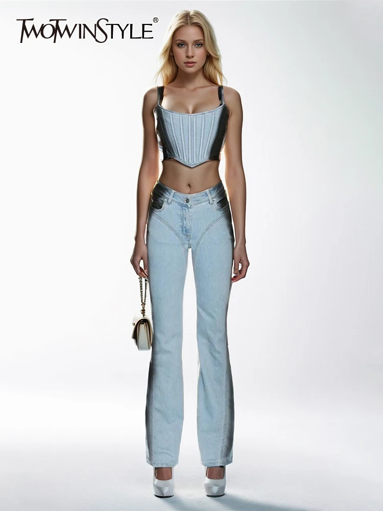 

TWOTWINSTYLE Streetwear Colorblock Two Piece Set For Women Square Collar Sleeve Crop Top High Waist Flare Pant Denim Sets Female