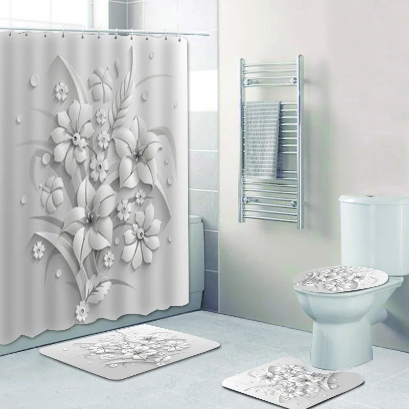 

Elegant Bouquet of Fantastic White Flowers 3D Style Shower Curtain Bathroom with Bath Rug Carpet Set Floral Home Decor