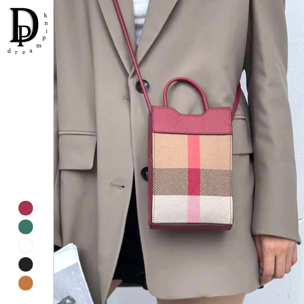 

High Quality Stripes Canvas Women Mobile Phone Bag Luxury Check Genuine Leather Small Female Crossbody Purse Top Handle Mini Bag