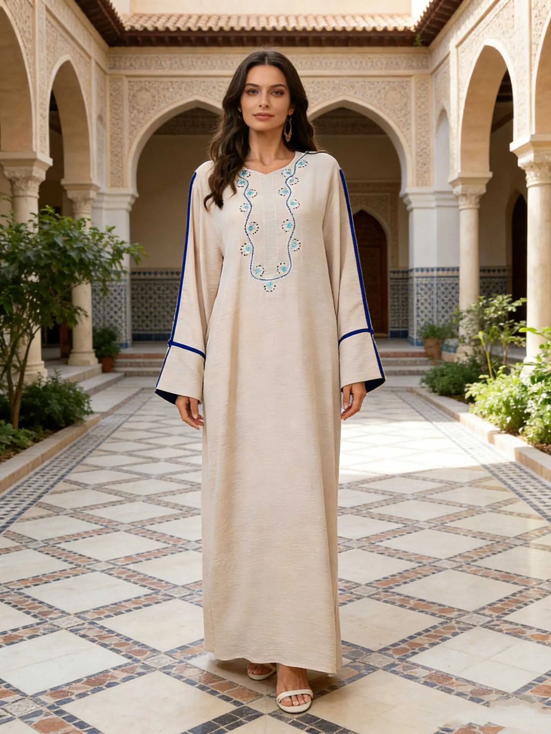 عباية بيج مع تطريز أزرق وأكمام جرس متباينة للنساء قفطان مغربي إسلامي جلابية دبي العربية عباية بيج مع تطريز أزرق وأكمام جرس متباينة للنساء قفطان مغربي إسلامي جلابية دبي العربية