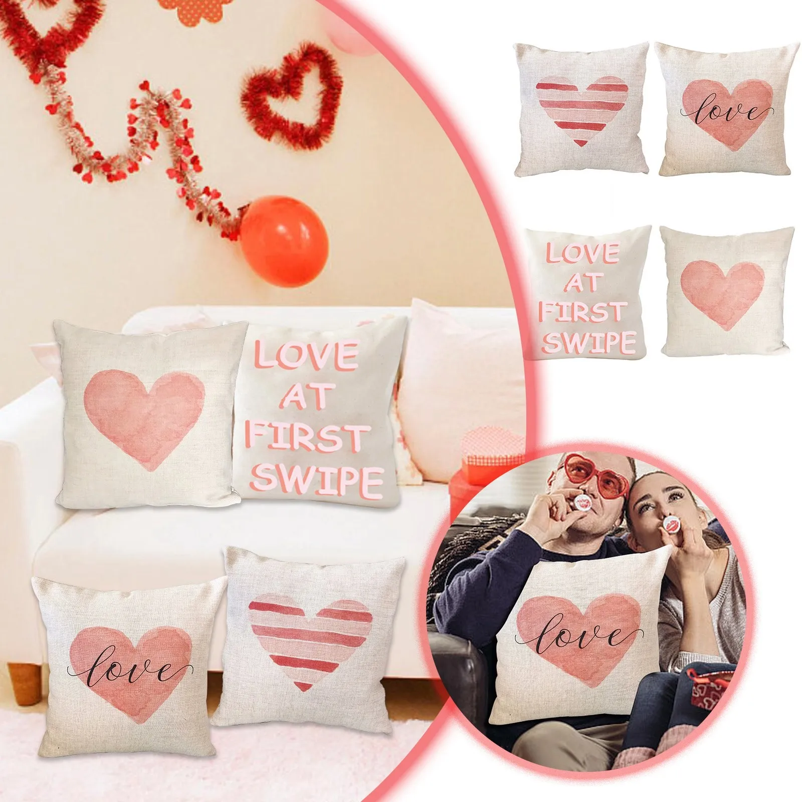 

Cushion Cover Heart Pattern Valentine'S Day Linen Pillowcase Upholstery Sofa Cushion Throw Pillow Home Decor Pillowcase 45x45cm