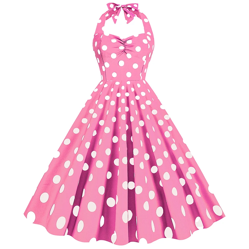 

Pink Elegant Fashion Sexy Halter Ladies Office Dress 2024 Robe Pinup Polka Dot Print Vintage Sleeveless Summer Dresses For Women