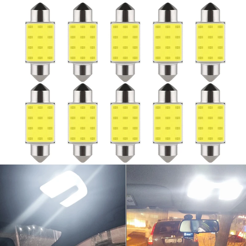 

10 PCS Car LED COB Bubl C5W Festoon 31mm 36mm 39mm 41mm 12V 7000K White Interior Dome Reading Trunk Light License Plate Lamps