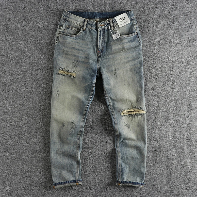 

Retro Ripped Cat Whiskers Washed Nostalgic Blue Jeans Men's Loose Straight Slim Look Trendy Pants