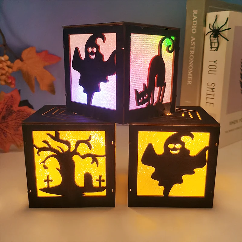 

Halloween Pumpkin LED Lights Ghost Bat Witch Cat Square Box Ornament Lamp for Halloween Festival Party Home Bar Table Decoration