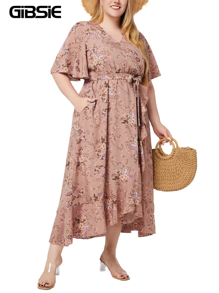 

GIBSIE Plus Size V Neck Butterfly Sleeve Ruffle Hem Dress 2024 Summer Women's Floral Print Vacation Casual Pocket Long Dresses