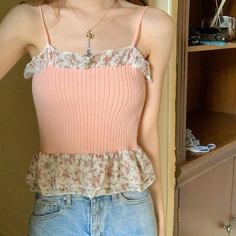 

Boring Honey Women Rib Knit Camisole Chiffon Flounce Short Top Summer Girls Cute Crop Top Sleeveless Spaghetti Strap Camis Top