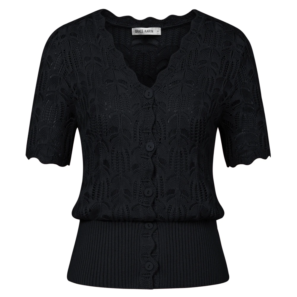 Grace Karin Women Hollowed-out Cardigan Short Sleeve V-Neck Tops Wide Ribbed Hem Sweater Elasticity Slim Elegant Lady Blazer
Grace Karin Women Hollowed-out Cardigan Short Sleeve V-Neck Tops Wide Ribbed Hem Sweater Elasticity Slim Elegant Lady Blazer