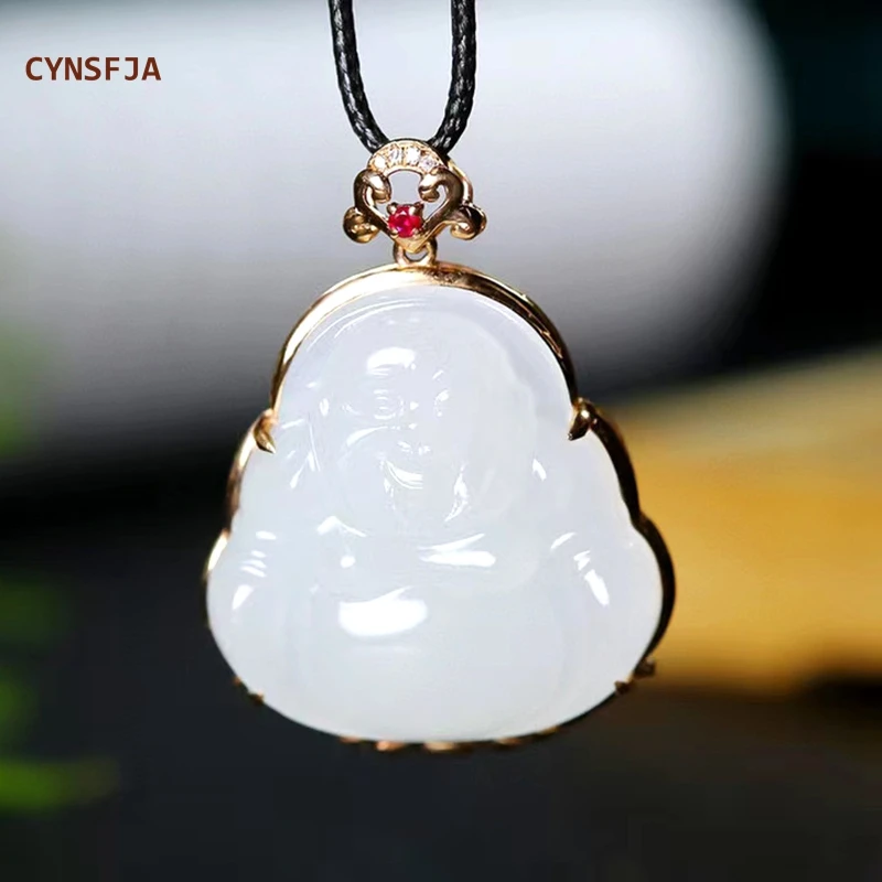

CYNSFJA New Real Rare Certified Natural Hetian Mutton-fat Nephrite Lucky Buddha White Jade Pendant Hand-carved Blessing Gifts