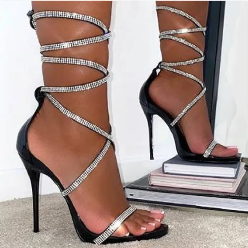 

Gladiator Women Crystal Ankle Strap Sandals 2024 New Black Flock Cross-Tied High Heels Shoes Sexy Lace Up Party Pumps Size 35-42