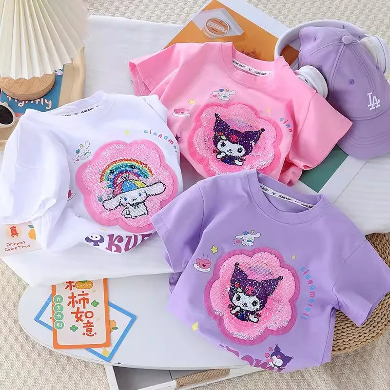 

2024 Sanrio Cute Color-Changing Kuromi Sequin Girls Short-Sleeved Kawaii Anime Cinnamoroll T-Shirt Summer Sweet Babys Top Gifts