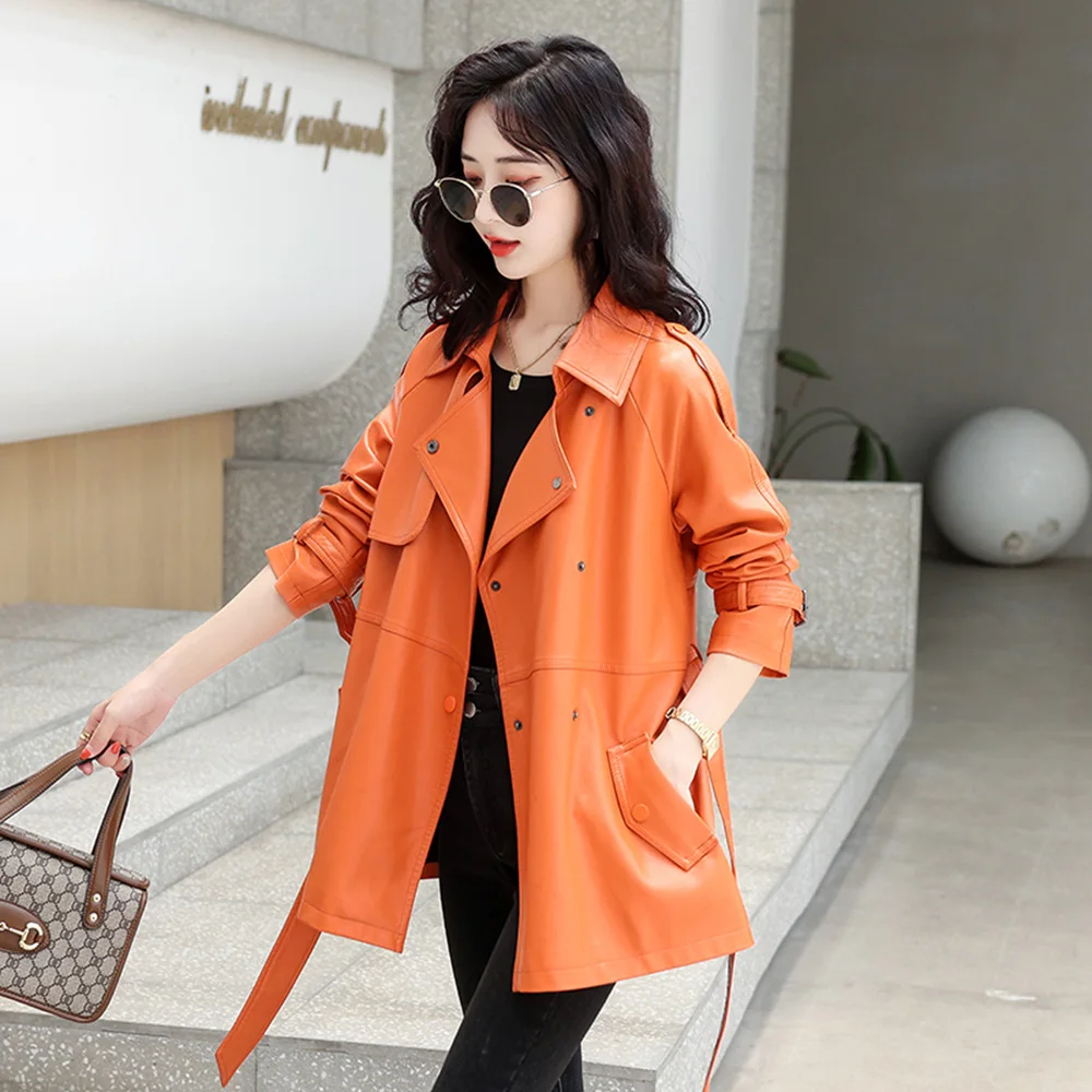 New Women Leather Trench Coat Spring Autumn Casual Fashion Turn-down Collar Long Sleeve Belt Sheepskin Jacket Loose Outerwear
New Women Leather Trench Coat Spring Autumn Casual Fashion Turn-down Collar Long Sleeve Belt Sheepskin Jacket Loose Outerwear