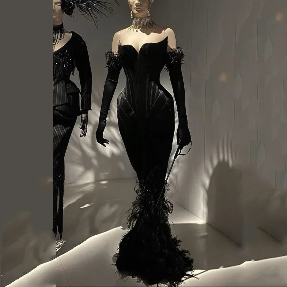 

Черные вечерние платья с бахромой и перьями, Классические платья без бретелек, с блестками, платье-русалка, модные элегантные женские платья для выпускного вечера