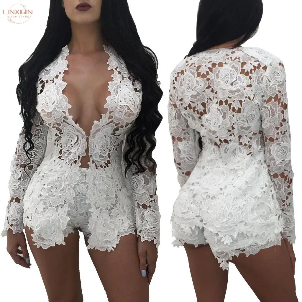 

LINXIQIN Fashion Embroidery Sexy Two Piece Sets Women Lace V Neck Hollow Out Cardigan And Shorts Nightclub Perspective Outfits