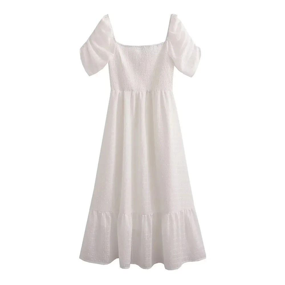

Женское винтажное шифоновое платье, элегантное белое платье с коротким рукавом-фонариком и воротником-стойкой, Модное шифоновое платье с эластичным поясом в стиле пэчворк на весну и лето