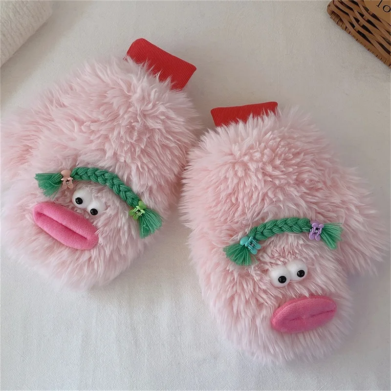 

Women Winter Mittens Funny Braid Sausage Mouth Fluffy Fuzzy Mittens Warm Gloves for Cold Weather Accessories Kids Christmas Gift