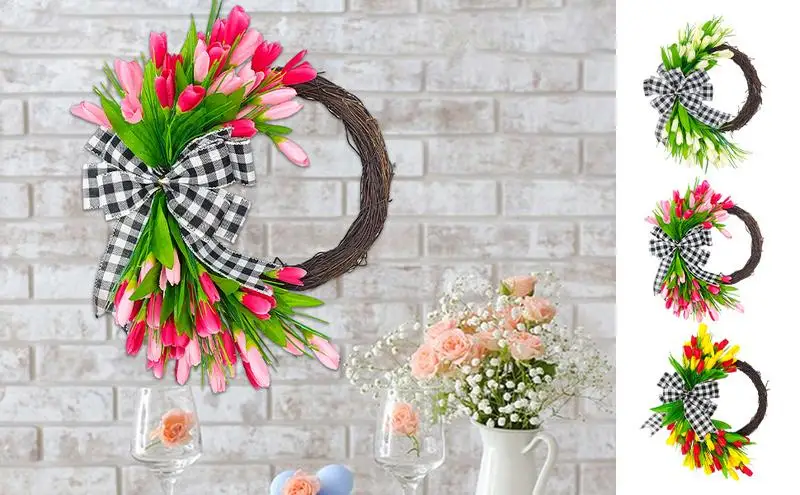 

Artificial Tulip Wreath Party DIY Craft Wedding Decoration Wall Hanging Garland For Easter Door Decor With Natural Rattan Circle