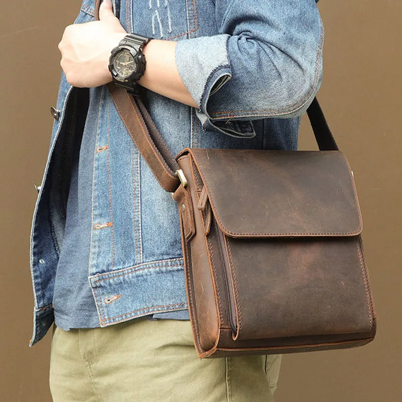 

High Quality Flap Crazy Horse Leather Shoulder Bag Men Genuine Leather Crossbody Bag Male Real Leather Travel Handbag Totes