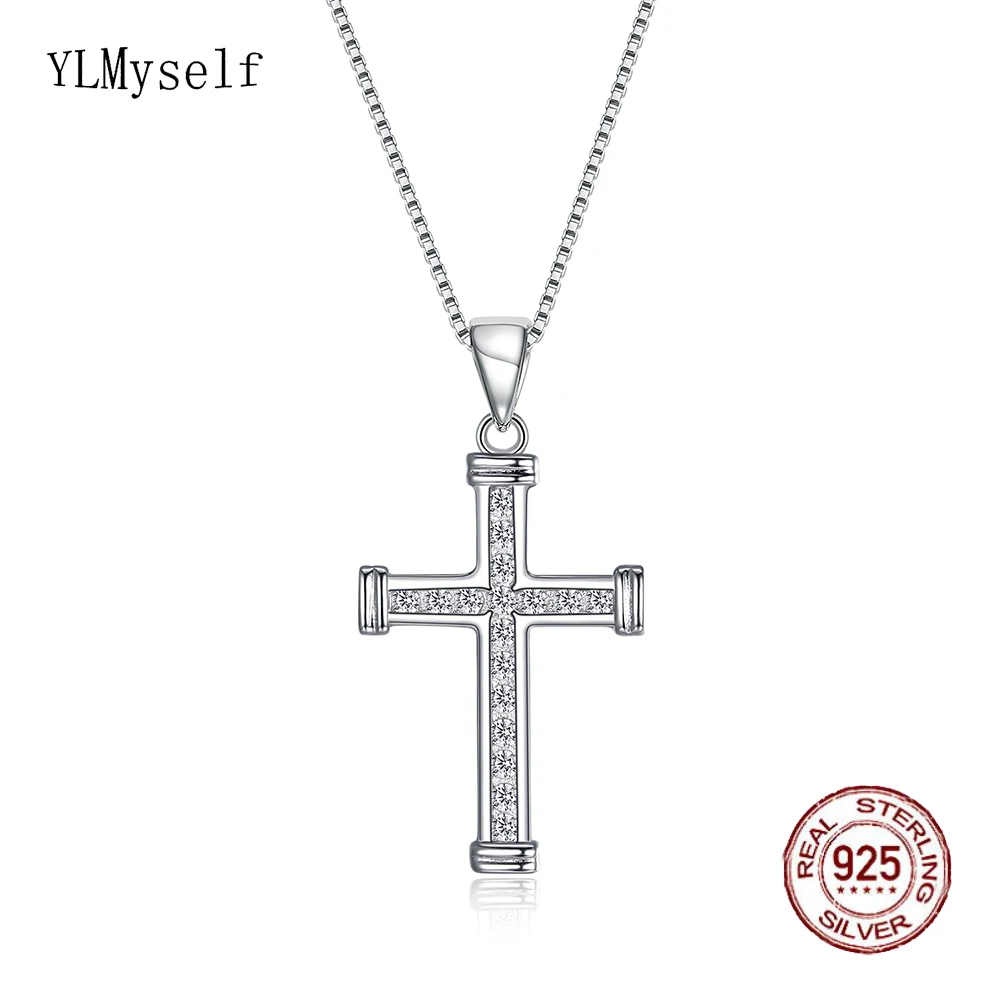 

Bling Round Cubic Zircon Necklace 45CM Chain Fine Jewelry For Women Real Solid 925 Sterling Silver Cross Pendant Choker