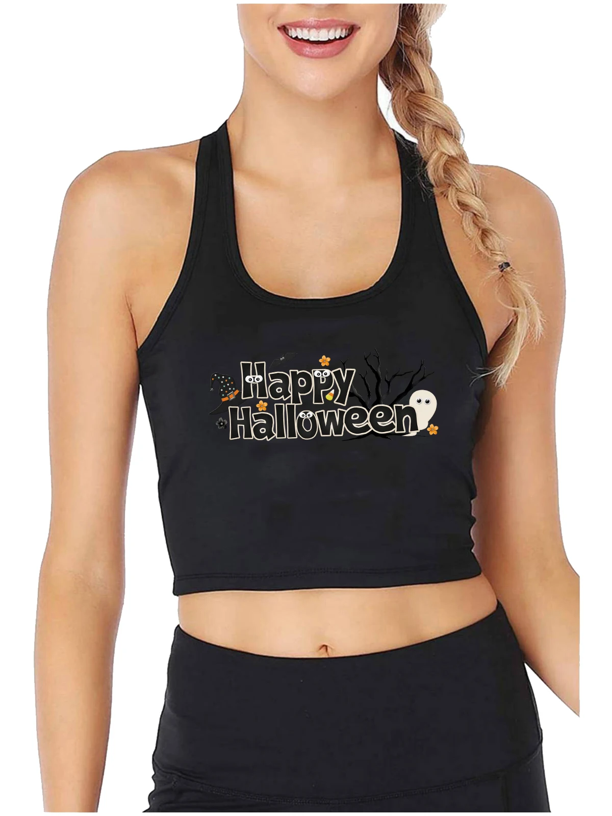 

Happy Halloween Design Sexy Slim Fit Crop Top Witch Spooky Season Funny Cute Tank Tops Street Fashion Gothic Camisole