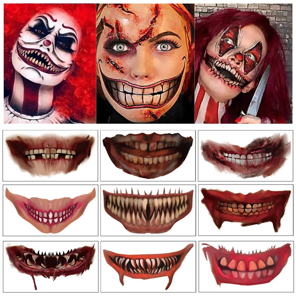 10pcs Halloween Mouth Tattoo Stickers Horror Clown Zombie Scary Tooth Funny Makeup Temporary Tatoo DIY Body Art Tattoos Decals
10pcs Halloween Mouth Tattoo Stickers Horror Clown Zombie Scary Tooth Funny Makeup Temporary Tatoo DIY Body Art Tattoos Decals
