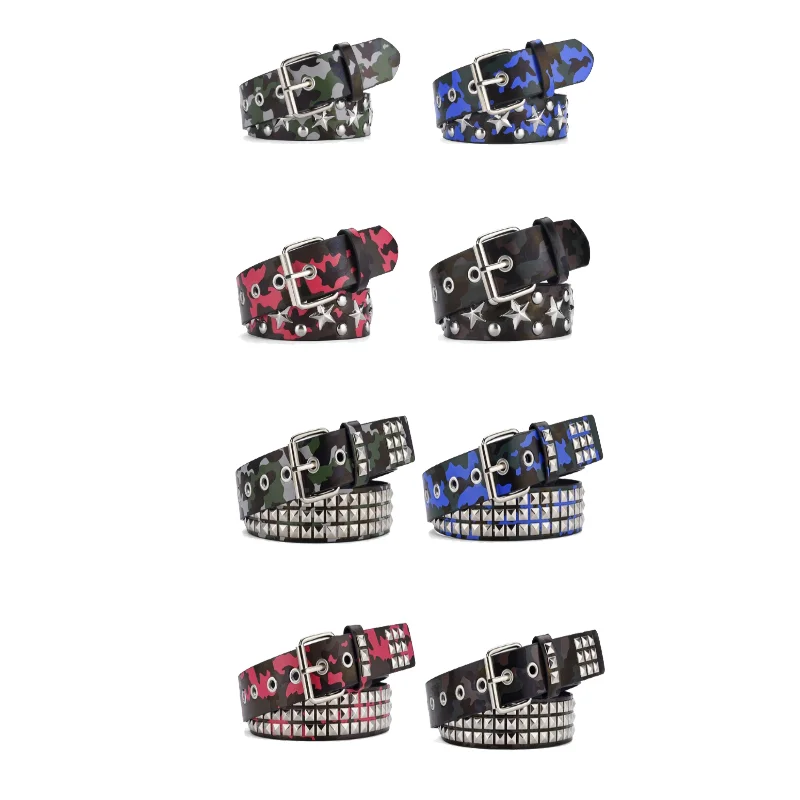 

Fashionable Punk Waist Strap with Four Sided Beaded Rivets and Camo Leather Ideal for Streetwear and Unique Personal Style