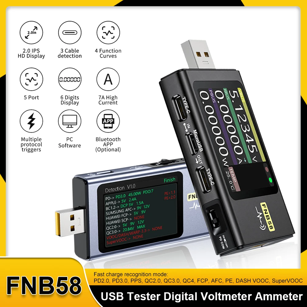 FNB58 USB Tester Digital Voltmeter Ammeter Tester Type-C Fast Charging QC/PD Detection Trigger Capacity Measurement Tool
FNB58 USB Tester Digital Voltmeter Ammeter Tester Type-C Fast Charging QC/PD Detection Trigger Capacity Measurement Tool