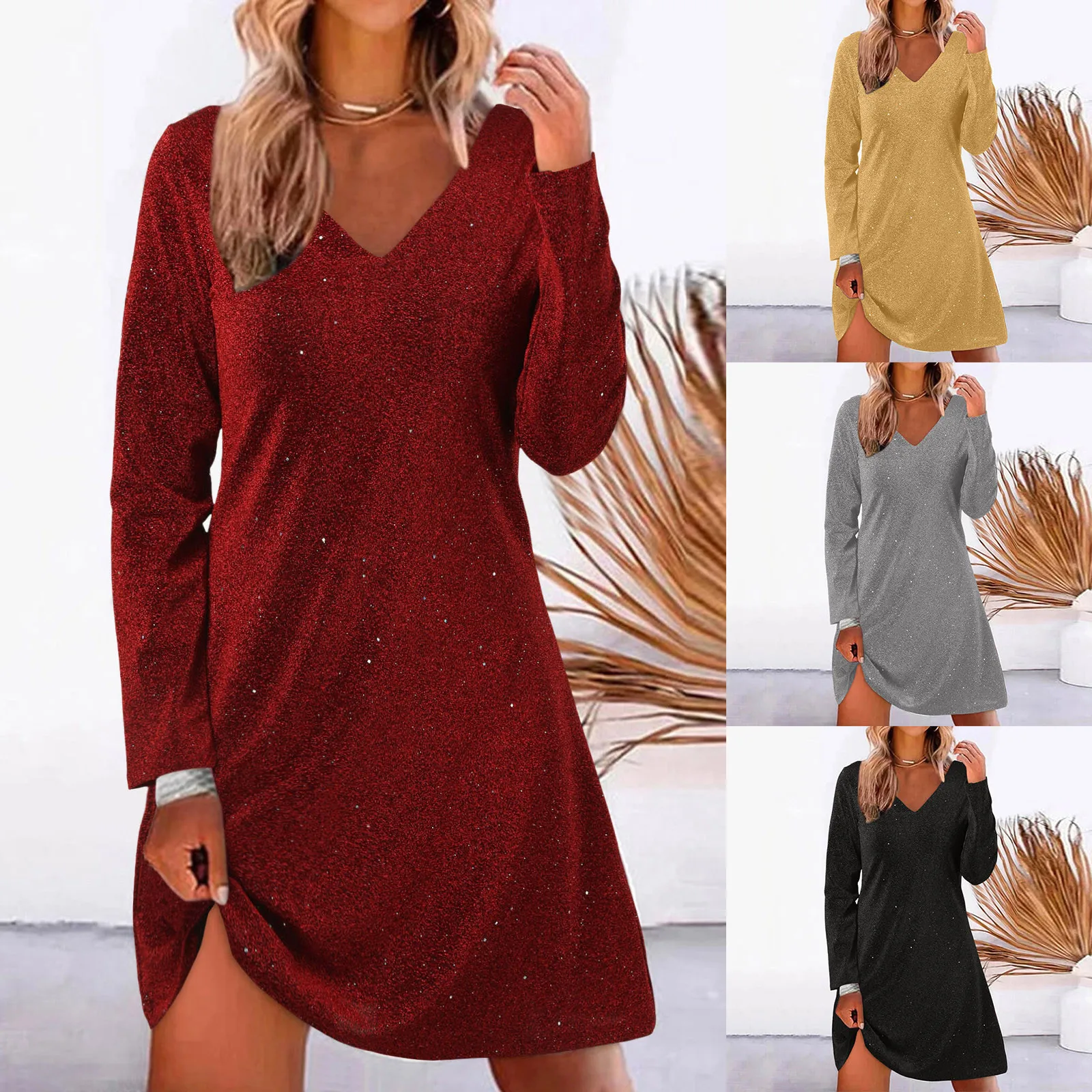 Women's Fashion Dresses V Neck Long Sleeve Solid Colour Glitter Sequins Dresses Casual Versatile Simple Evening Party Dresses
Women's Fashion Dresses V Neck Long Sleeve Solid Colour Glitter Sequins Dresses Casual Versatile Simple Evening Party Dresses