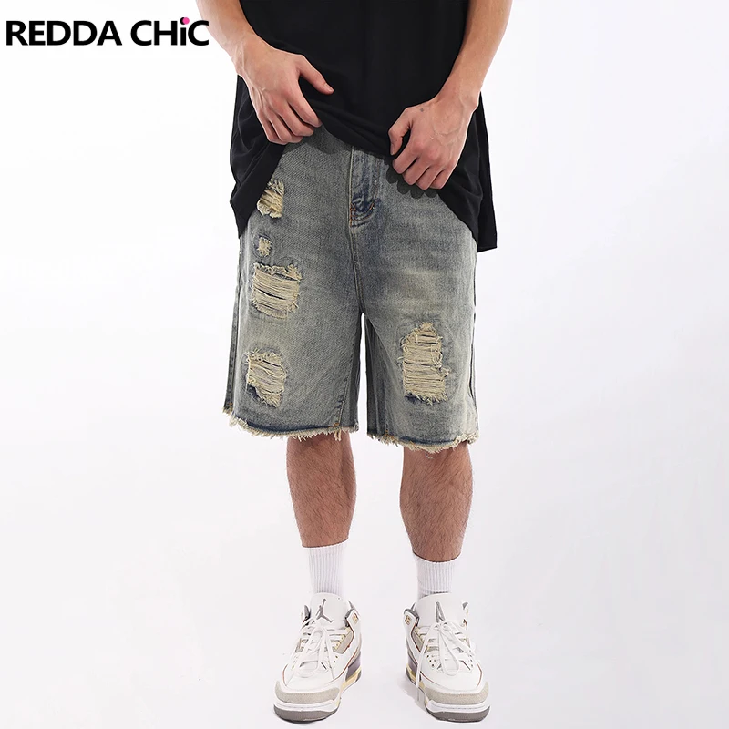 

Джинсовые шорты REDDACHiC Y2k мужские потертые в стиле ретро, рваные брюки с широкими штанинами, повседневные мешковатые джинсовые шорты, летняя одежда