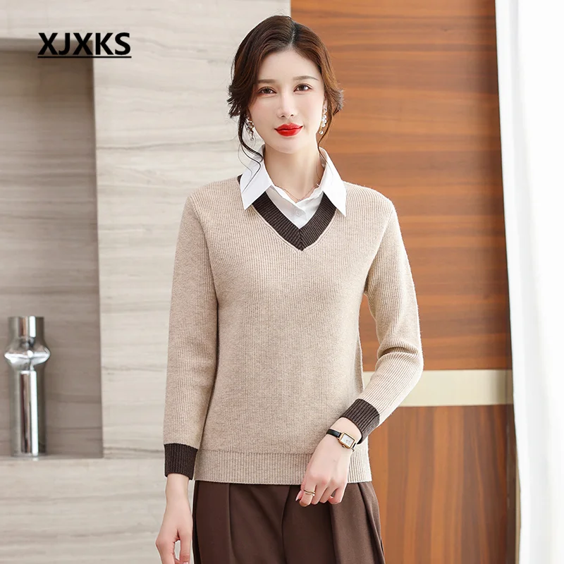 XJXKS 2022 Autumn And Winter Latest Fake Two-piece Women's Sweater Fashion Shirt Collar Stitching Wool Knitted Pullover
XJXKS 2022 Autumn And Winter Latest Fake Two-piece Women's Sweater Fashion Shirt Collar Stitching Wool Knitted Pullover