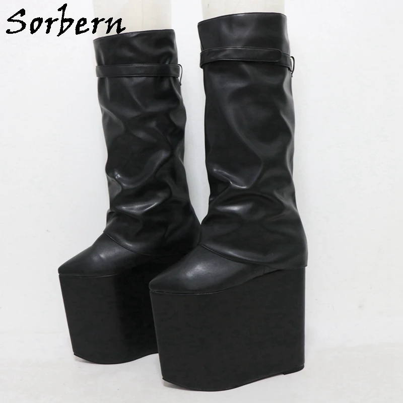 

Sorbern Black Matte Mid Calf Boots For Drag Queens 20cm High Heel Wedges Platform Big Size Eu33-48 Custom Colors