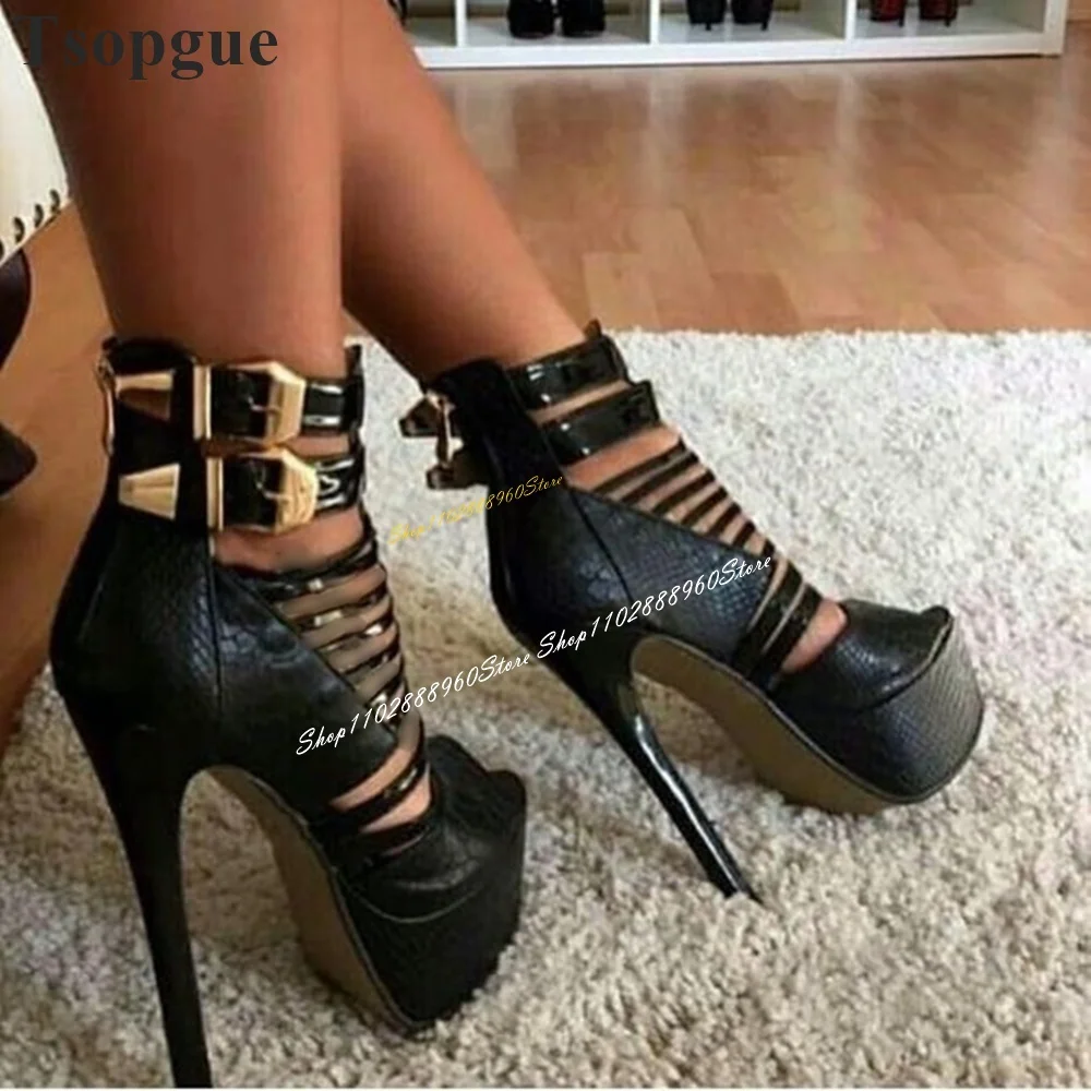 

Stylish Black Strappy Platform Casual Sandals Thin High Heel Women Shoes Back Zipper Peep Toe 2024 Fashion Zapatos Para Mujere