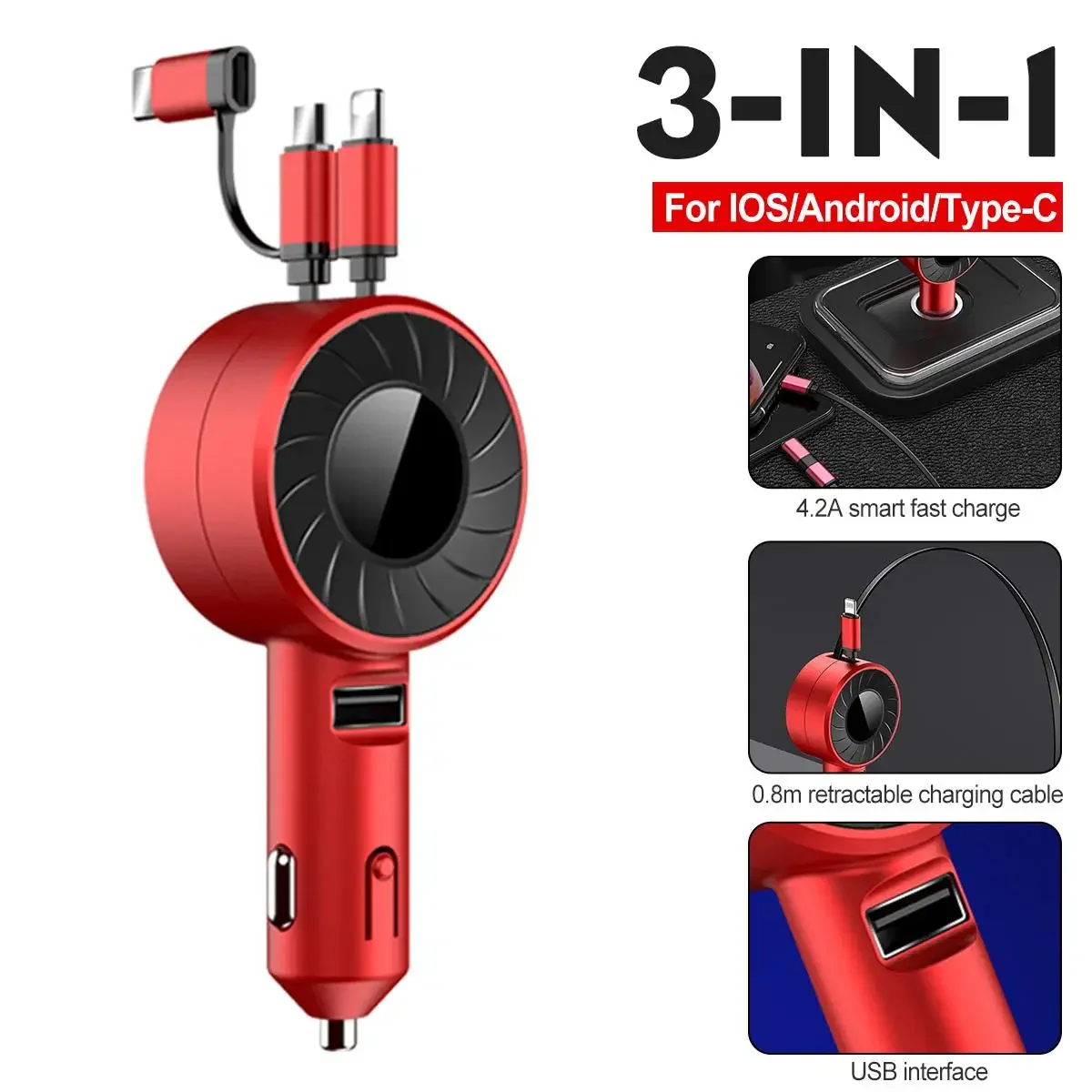 

3-IN-1 Car Charger Mobile Phone Adapter For IOS/Android/Type-C USB Retractable Charging Cable 4.2A Fast Charing For Truck