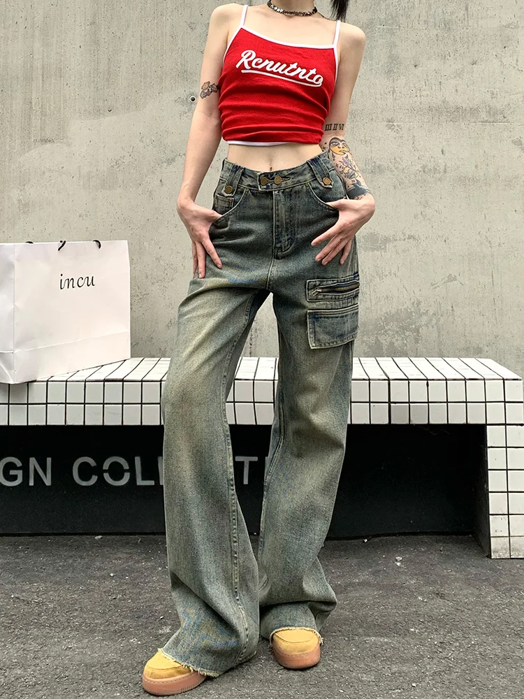 

Slergiri Y2k Vintage Raw Hem Do Old Cargo Pants Women American Streetwear Loose High Waisted Straight Wide-leg Denim Trousers