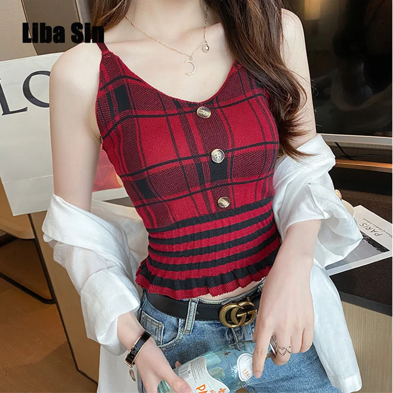 

Liba Sin Women Summer Knitting Camisole Plaid Spaghetti Strap Cropped Tops Buttons Front Smocked Hem Slim Fit Casual Tops