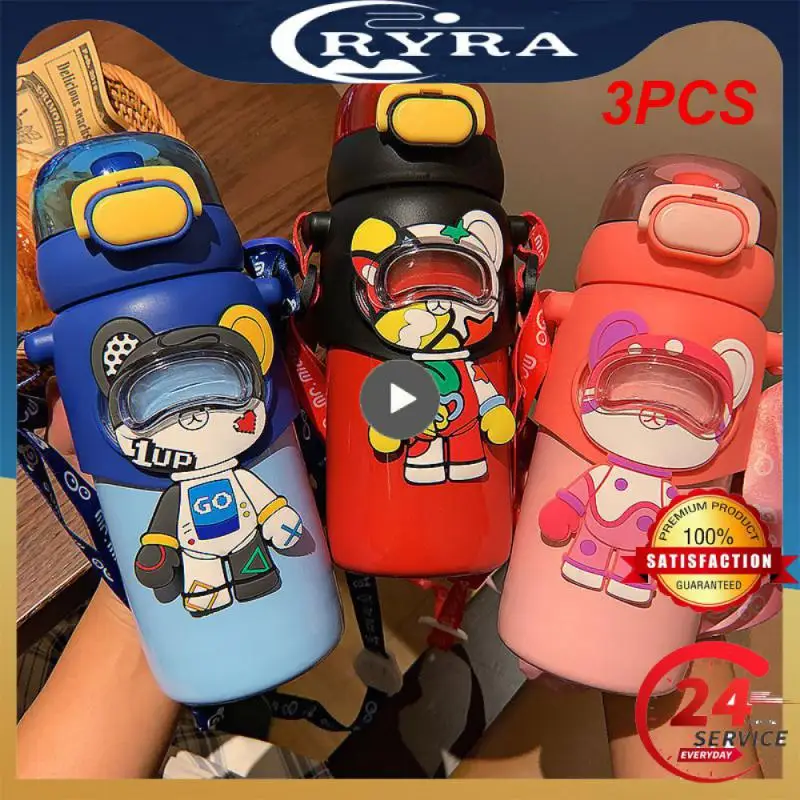 

3PCS Water Bottles Bear Graffiti Straw Bottles Household Thermos Cup Drinkware Water Cup Leakproof Childrens Cup Portable