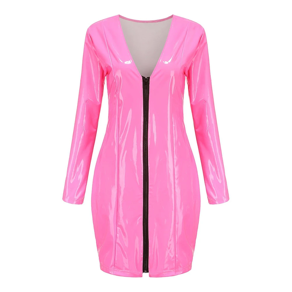 Fashion Women's Long Sleeve Wet Look Latex Leather Zip Deep V Neck Sexy Bodycon Mini Dress Club Party Dresses Woman Clothing
Fashion Women's Long Sleeve Wet Look Latex Leather Zip Deep V Neck Sexy Bodycon Mini Dress Club Party Dresses Woman Clothing