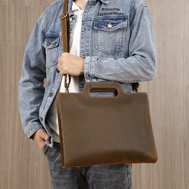 

New men's handbag leather computer A4 file bag crazy horse leather shoulder crossbody briefcase simple briefcase