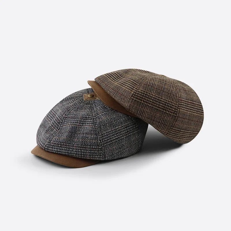 

New Hat Autumn and Winter Men's British Style Octagonal Hat Retro Stitching Contrast Color Newsboy Hat Berets Outdoor Warm Cap