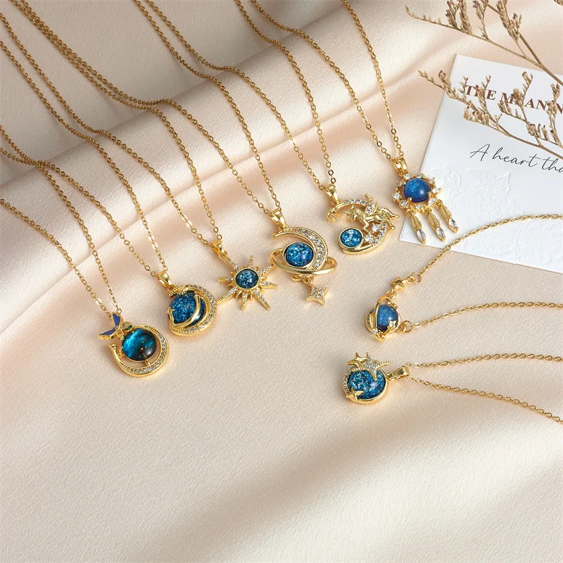 

Titanium Steel Dream Planet Necklace Cosmic Sky Pendant Lock Bone Chain For Women Fashion Jewelry Accessories Party Gift