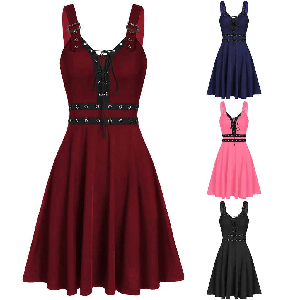 

Women's Gothic Punk Style Dresses Sleeveless V Neck Strappy Halter Dresses Fashion Slim Waisted Pleated Solid Colour Dresses