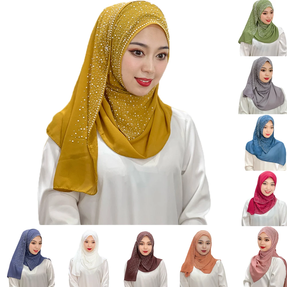 

Beautiful Woman Solid Color Turban with Drill Abaya Hijabs For Woman Jersey Scarf Muslim Square Scarf Instant Hair Shawl Ramadan