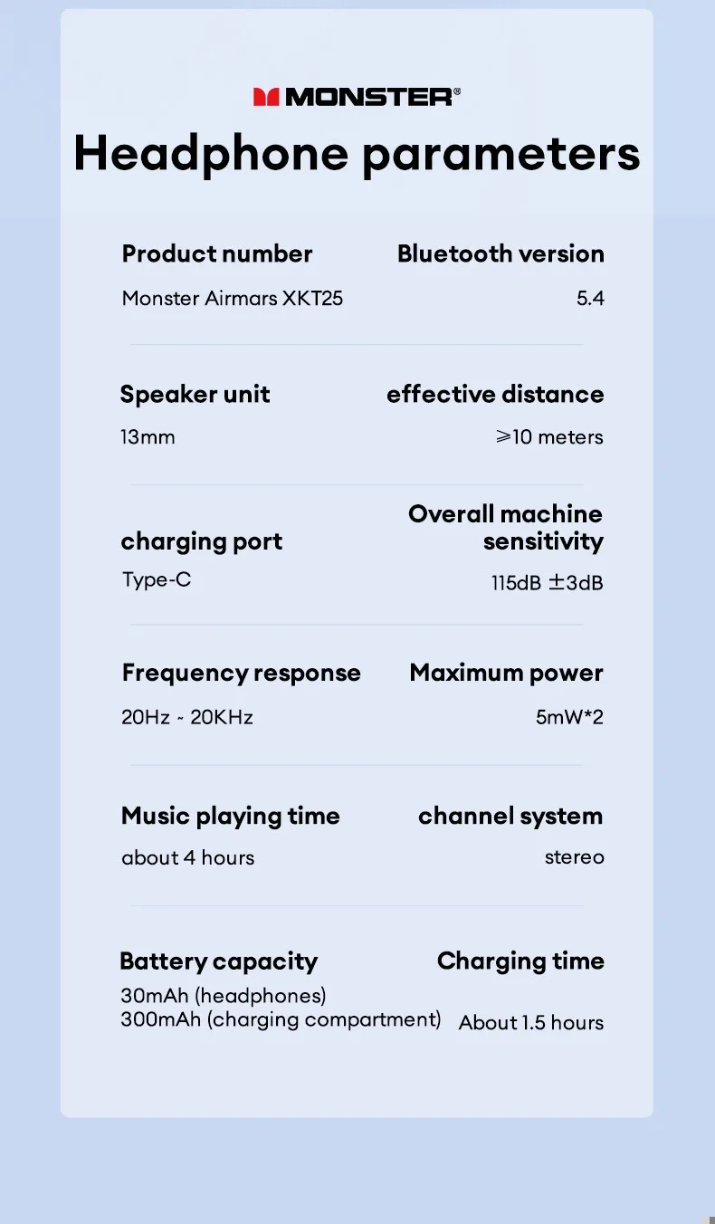 Monster Airmars XKT25 Sensitive Microphone Earbuds IPX5 HIFI Stereo Long Endurance Earphones Wireless Bluetooth V5.4 Headset Monster Airmars XKT25 Sensitive Microphone Earbuds IPX5 HIFI Stereo Long Endurance Earphones Wireless Bluetooth V5.4 Headset