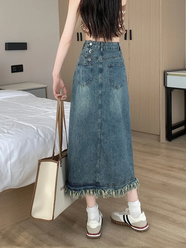 

Vintage Denim Skirt Korean Fashion High Waist A-line Slim Distressed Raw Edge Jean Skirt Streetwear Summer